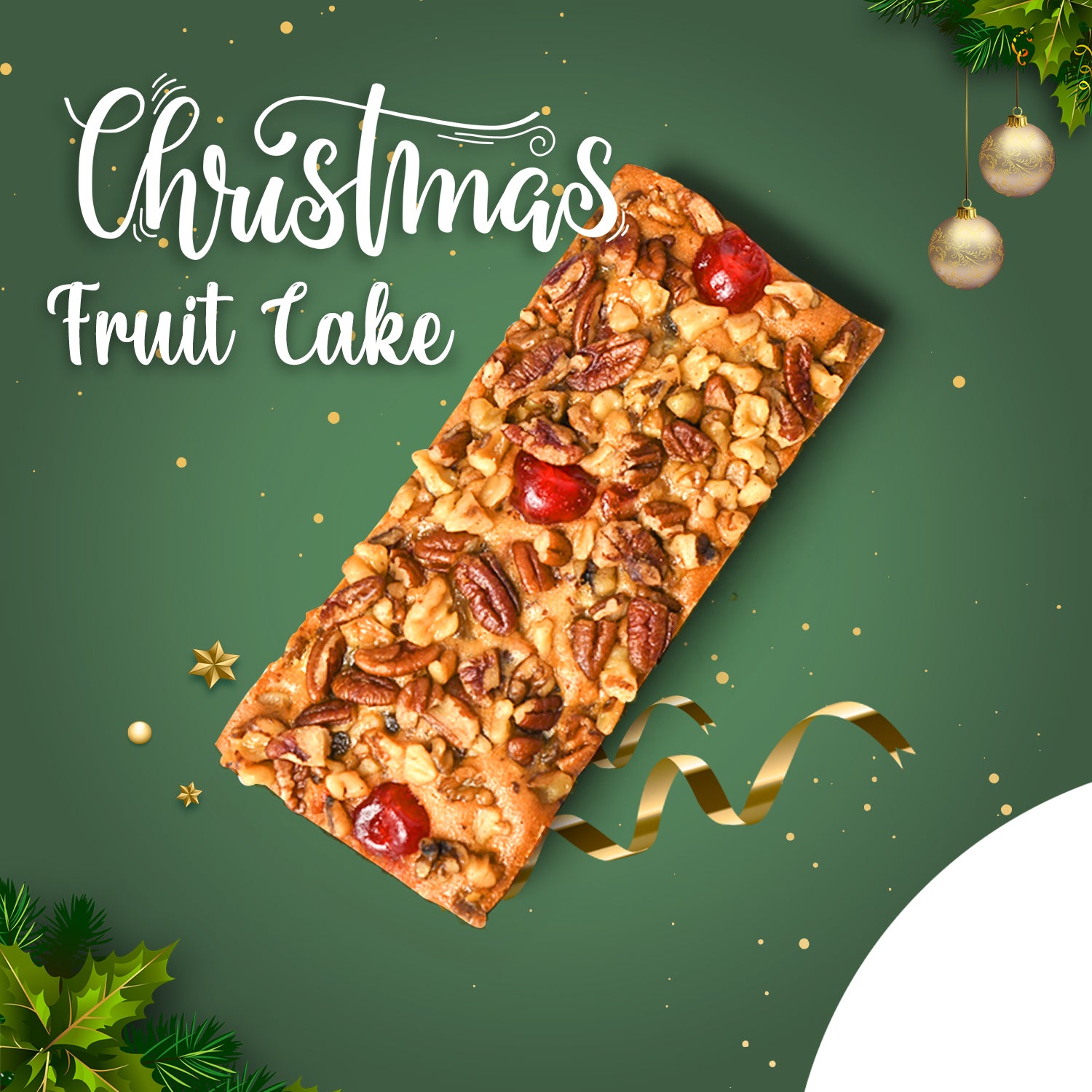 A close-up view of our 1lb Gourmet Christmas Fruit Cake, showcasing its rich texture and delicious ingredients, alongside a festive tin.