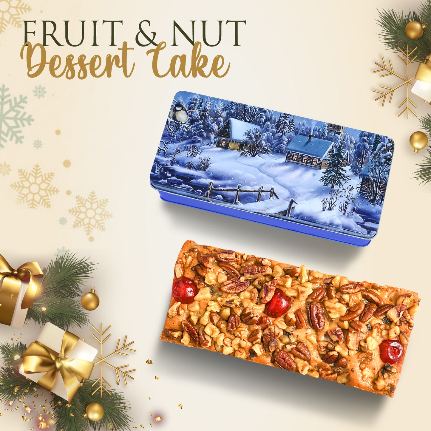 A delightful presentation of our 1lb Gourmet Christmas Fruit Cake in its festive tin, ready to bring holiday cheer.