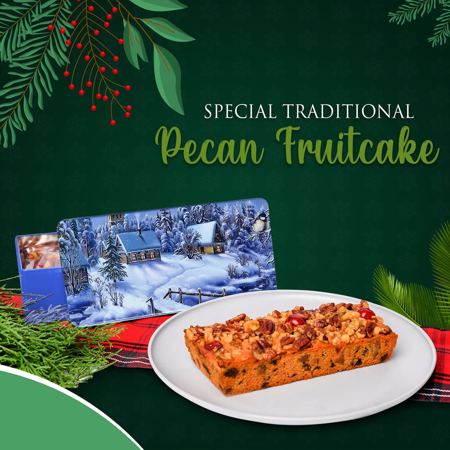 A beautifully designed festive tin with our 1lb Gourmet Christmas Fruit Cake, a perfect centerpiece for your holiday table.