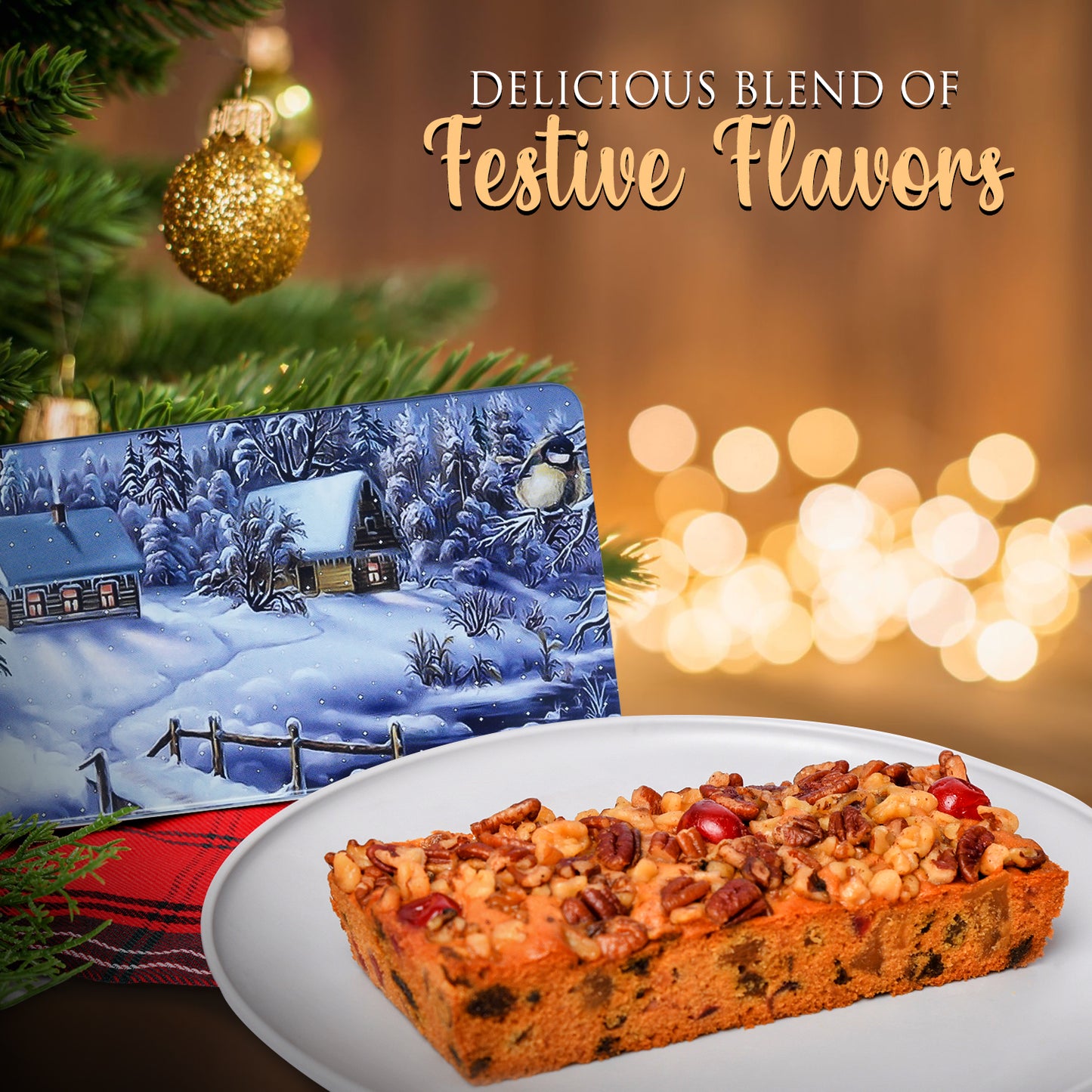 Unwrapping holiday happiness: Our 1lb Gourmet Christmas Fruit Cake presented in a festive tin, a perfect gift for loved ones.