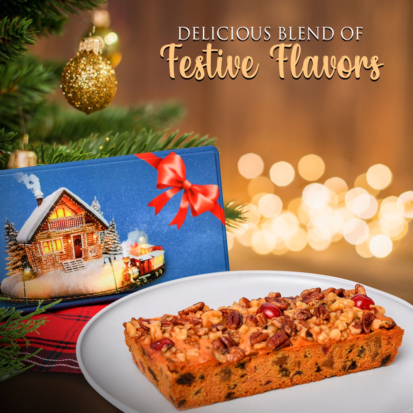 A beautifully designed festive tin containing our 1lb Gourmet Christmas Fruit Cake.